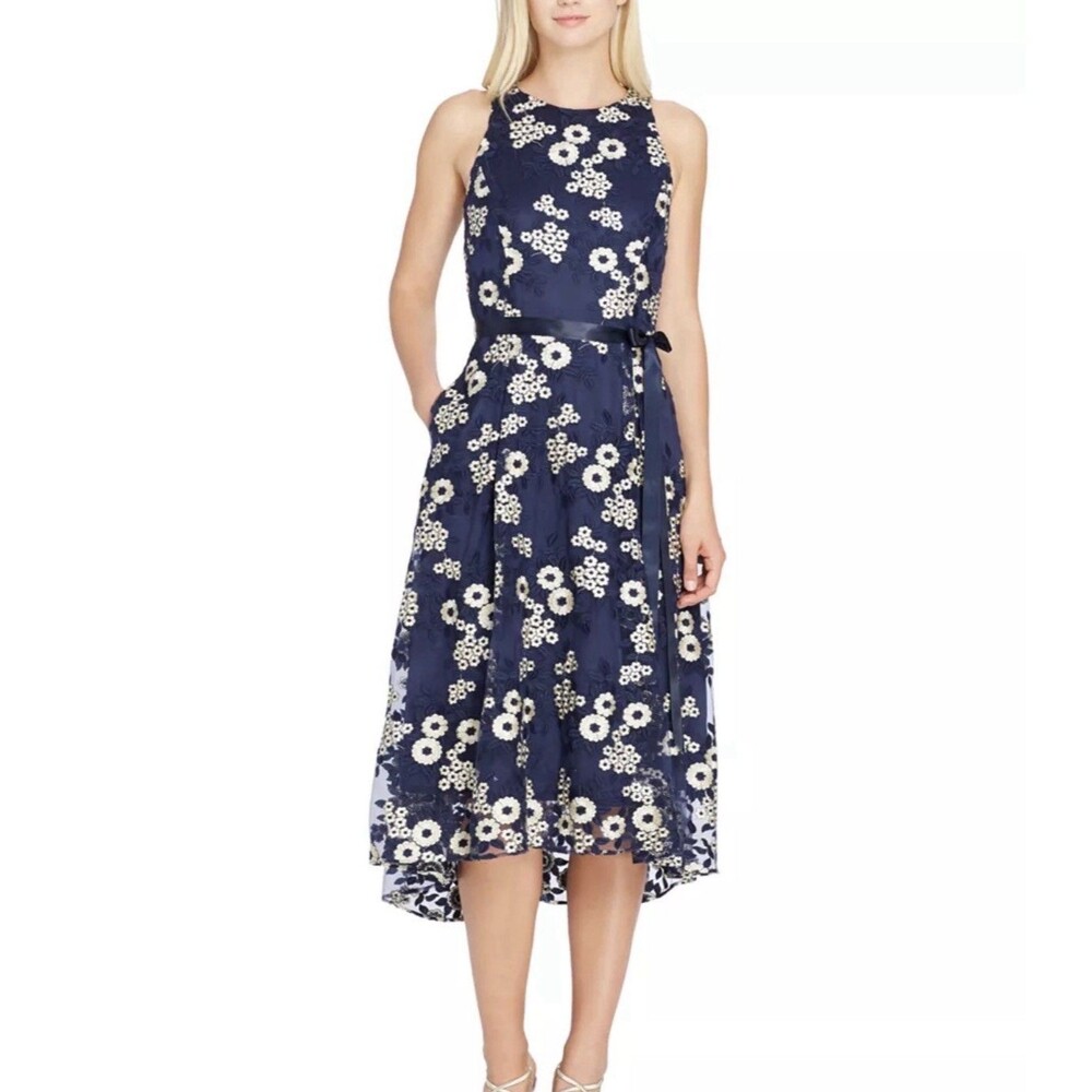 Tahari ASL Embroidered Midi Fit & Flare Dress Navy & Tan Lace Overlay Sz 10 New
